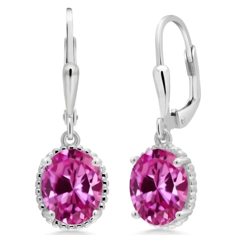 925 Sterling Silver with 2.00 Cttw Pink Sapphire Oval Leverback Earrings